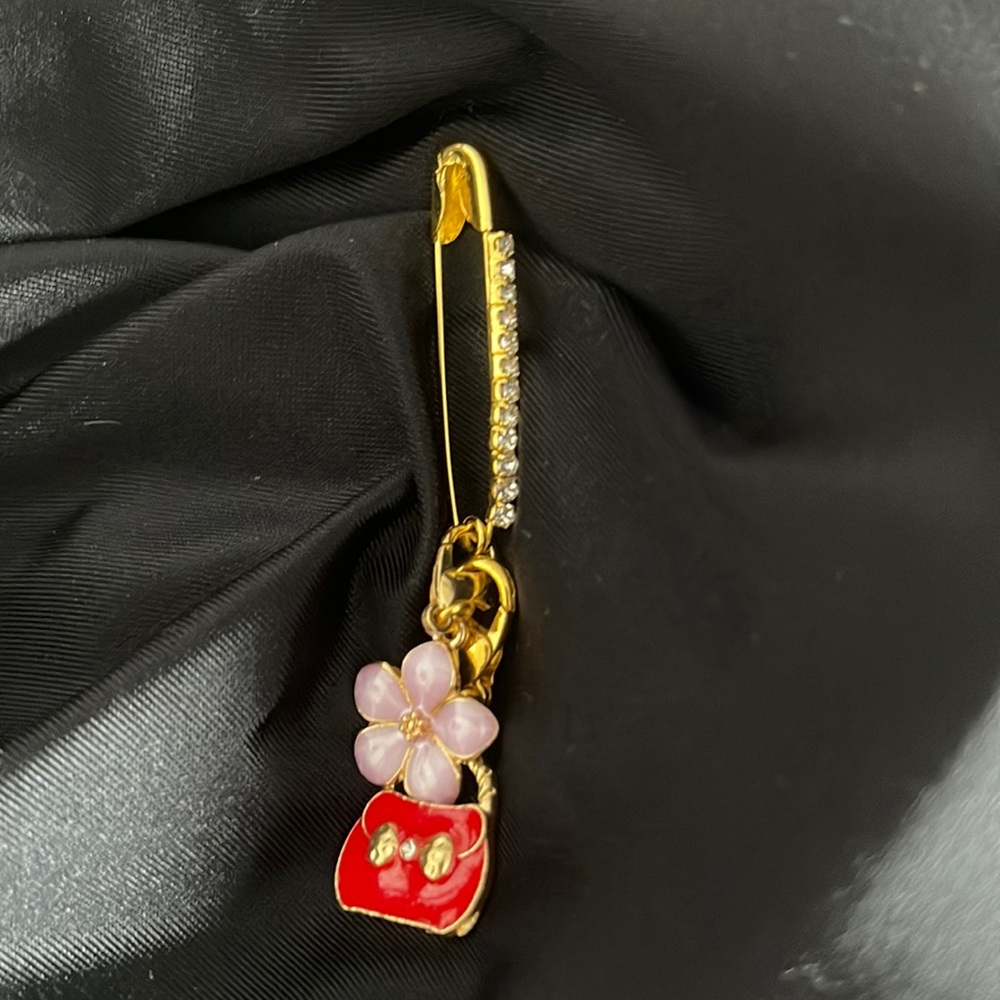 New Bedazzled Brooche Safety Pin w Pink Flower and Red handbag